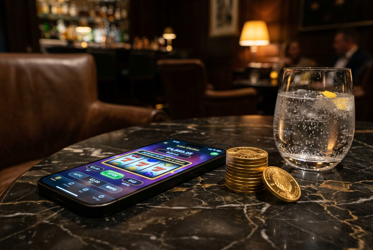 A close-up of a high-end smartphone displaying a vibrant online casino app next to a stack of gold coins.