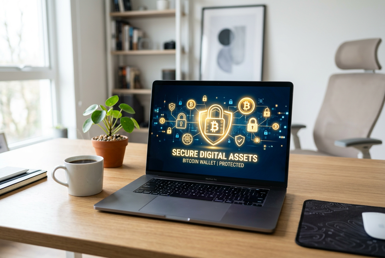A conceptual photographic representation of digital security and cryptocurrency symbols on a laptop screen.