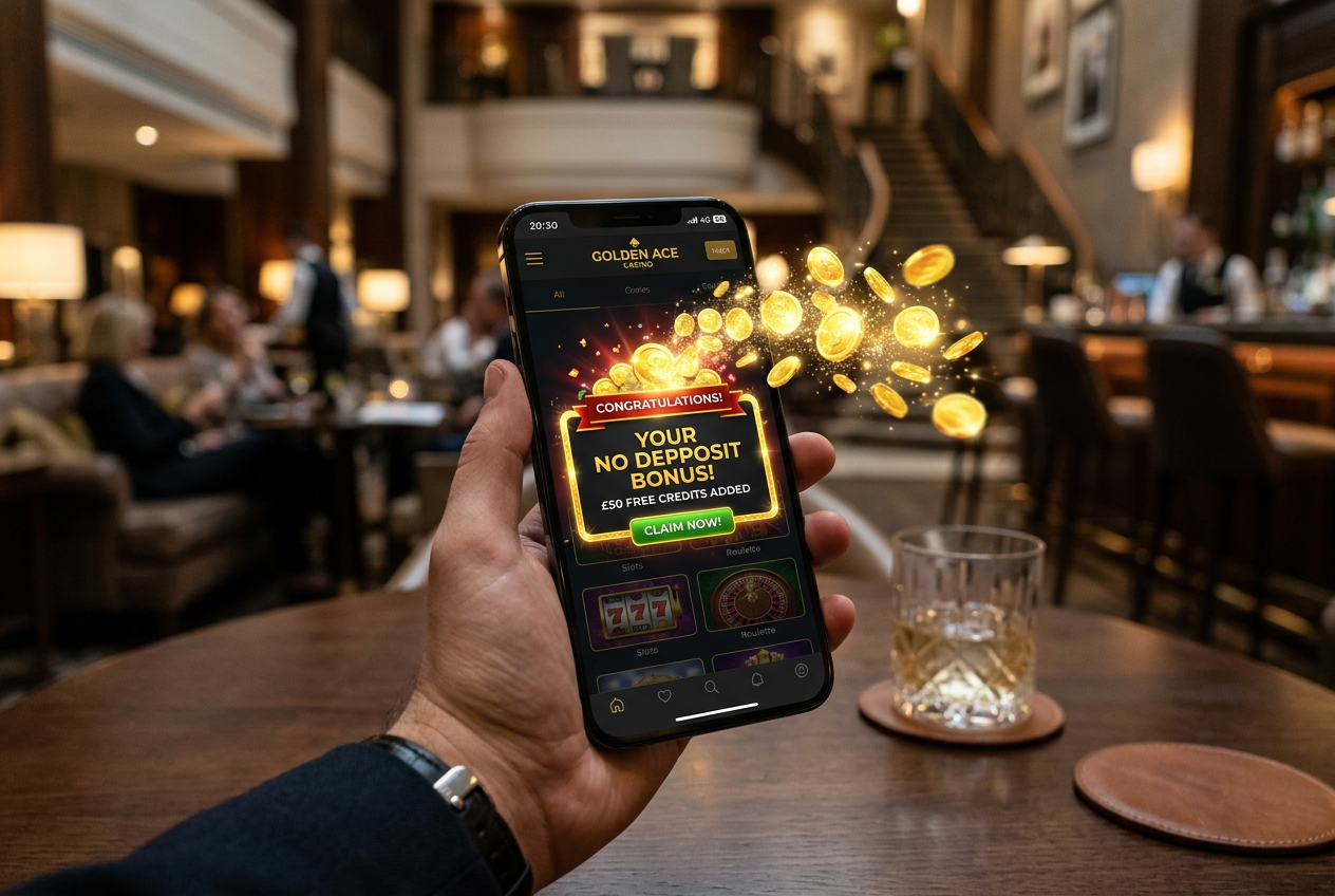 A modern smartphone showing a digital casino bonus notification with gold coins.