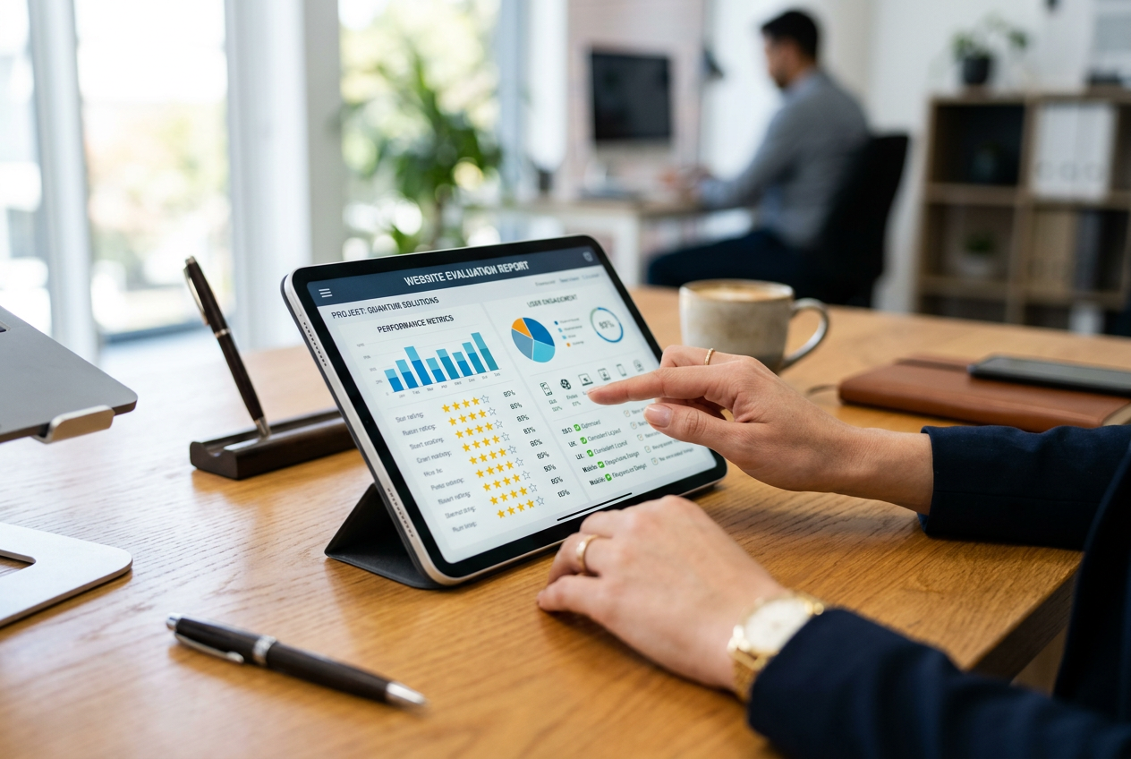 A professional reviewer checking data on a tablet.