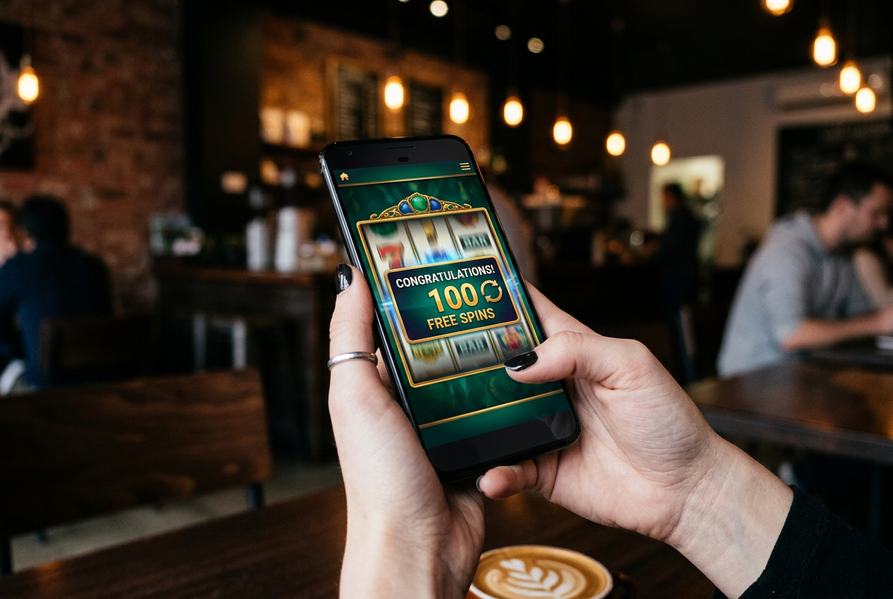 A smartphone displaying a vibrant slot machine game and bonus offers