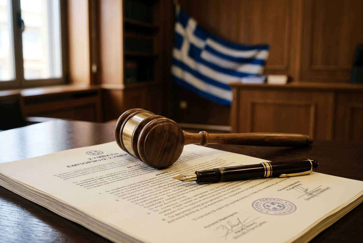 Legal paperwork and symbols of Greek regulation