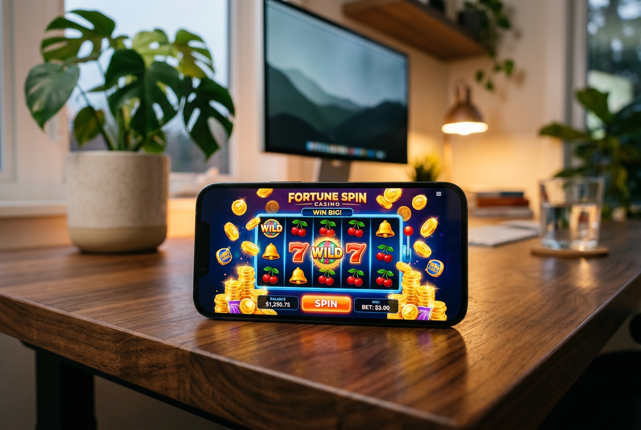 A high-end smartphone displaying a vibrant casino app next to a glass of water on a modern wooden desk.