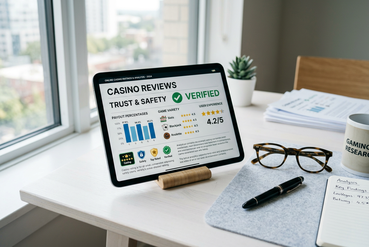 A professional workspace with a tablet showing casino statistics and a pair of glasses, representing an expert review.