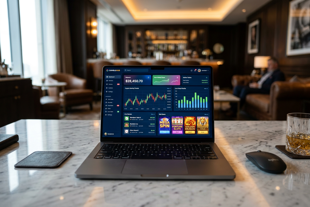 A high-end laptop displaying a gambling dashboard with charts and slot icons.