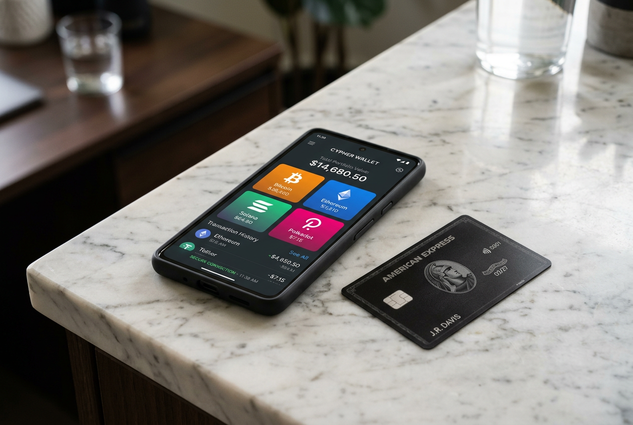 A modern smartphone displaying a digital wallet with cryptocurrency icons next to a credit card.