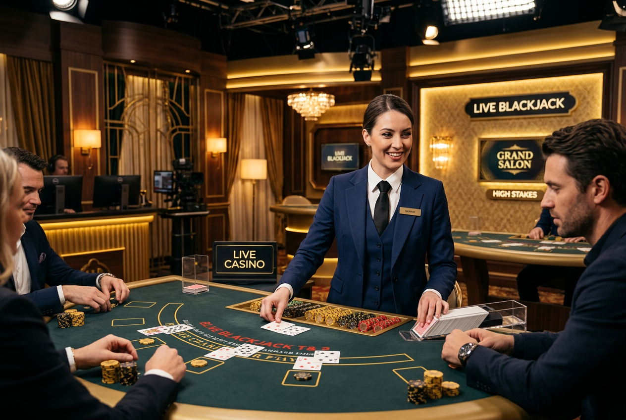 A professional live casino dealer at an elegant blackjack table in a high-end studio.